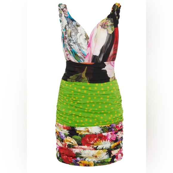 Dolce & Gabbana Ruched Patchwork Stretch-Silk Mini Dress - Picture 2 of 5